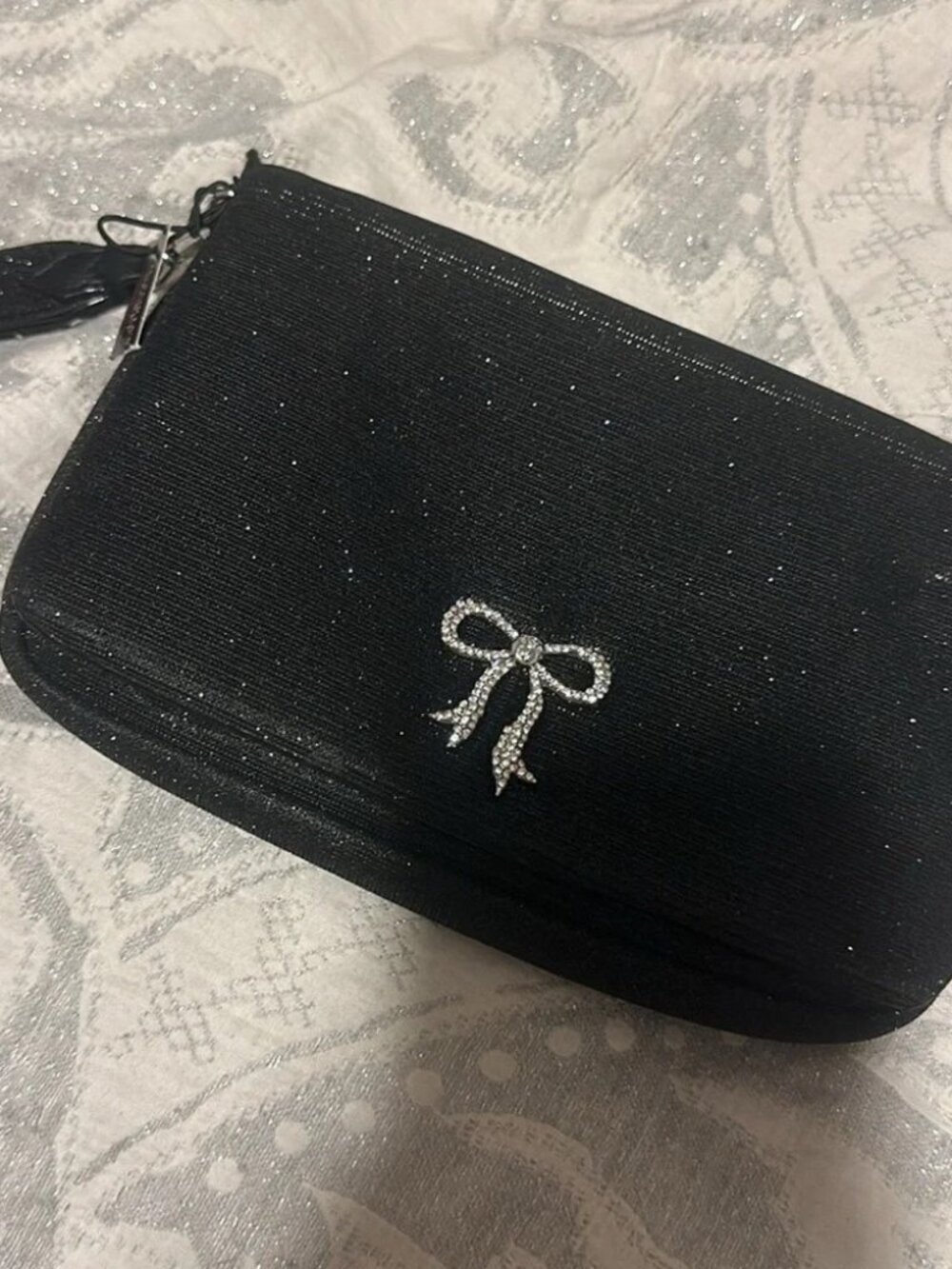 NWT Victoria’s Secret Black Glitter Rhinestone Bow Wallet Wristlet